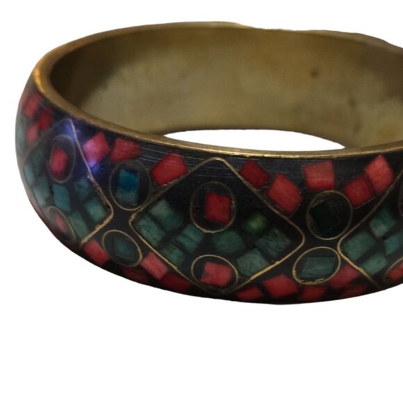 Vintage Brass Bohemian 1in thick 5in wide Mosaic Bangle Bracelet - Picture 2 of 2